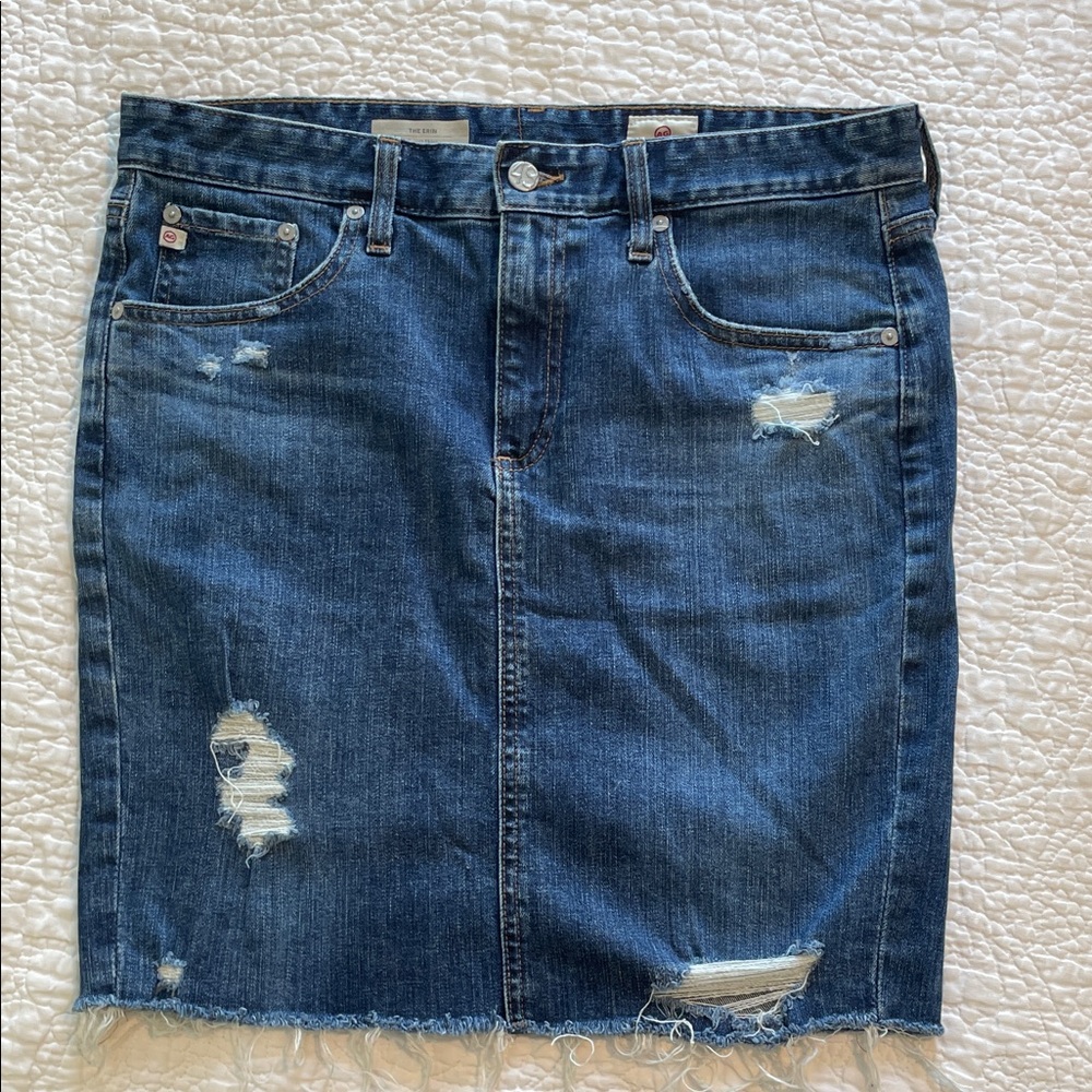 Ag Adriano Goldschmied Distressed Dark Blue Denim Pencil Skirt